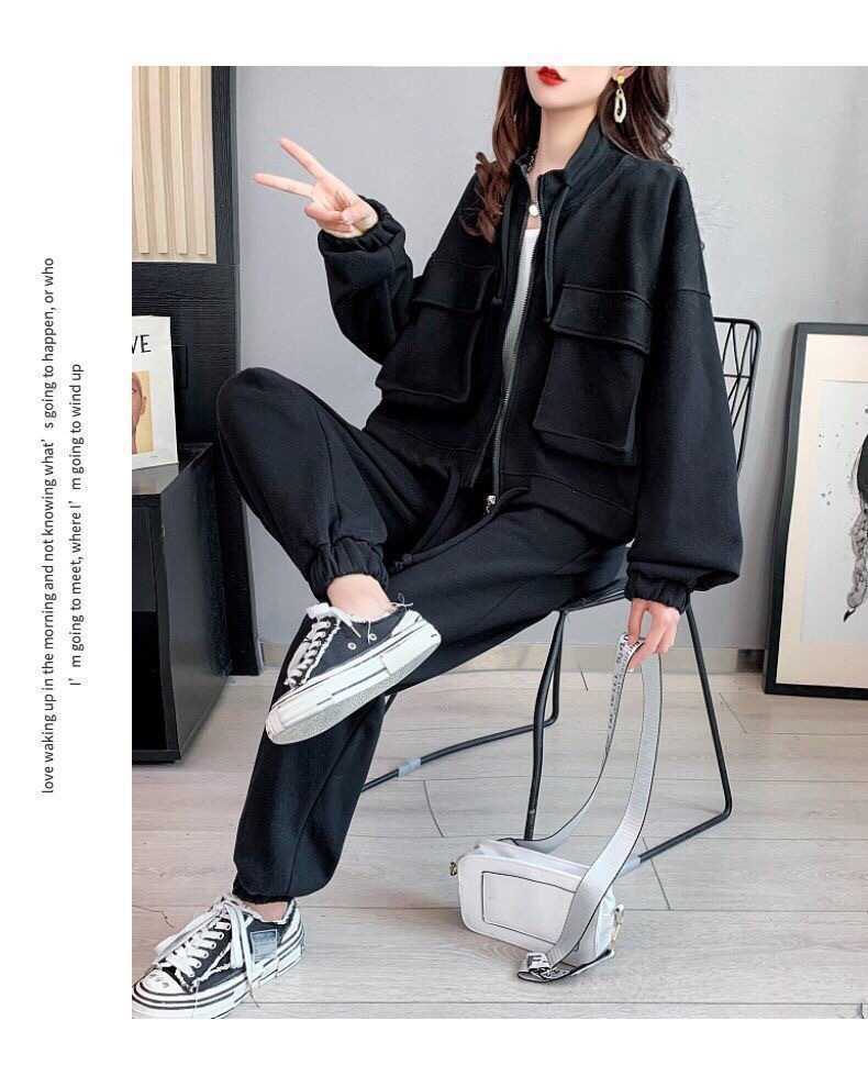 Fashion Casual Exercise Suit Female 2022 Spring and Autumn New Pure Color All-Matching Loose-Fitting Slimming Pants Two-Piece Suit Female Fashion