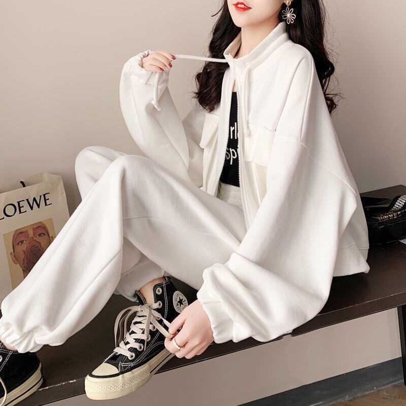 Fashion Casual Exercise Suit Female 2022 Spring and Autumn New Pure Color All-Matching Loose-Fitting Slimming Pants Two-Piece Suit Female Fashion
