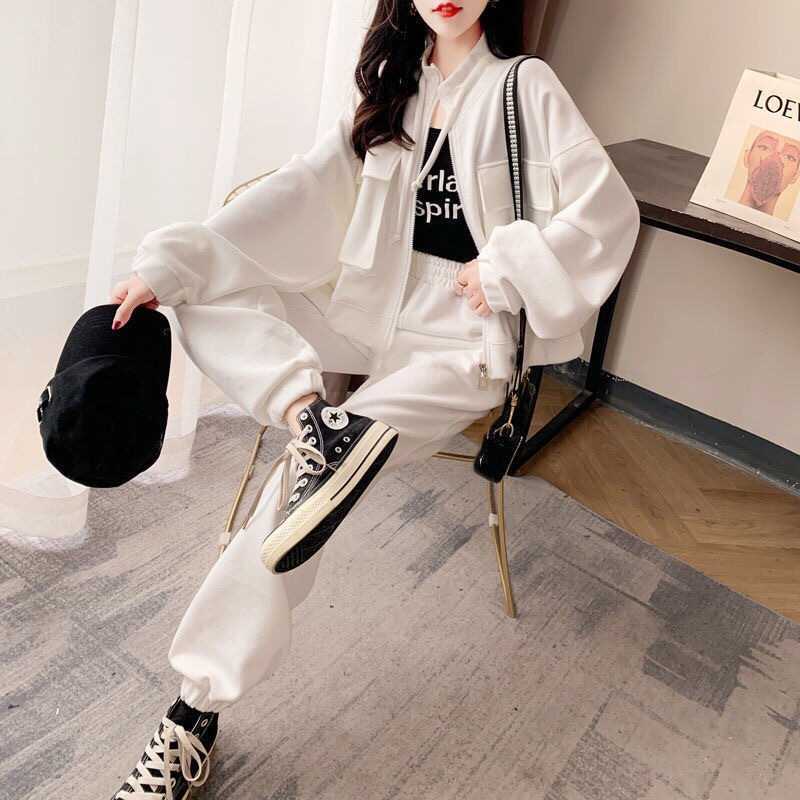Fashion Casual Exercise Suit Female 2022 Spring and Autumn New Pure Color All-Matching Loose-Fitting Slimming Pants Two-Piece Suit Female Fashion