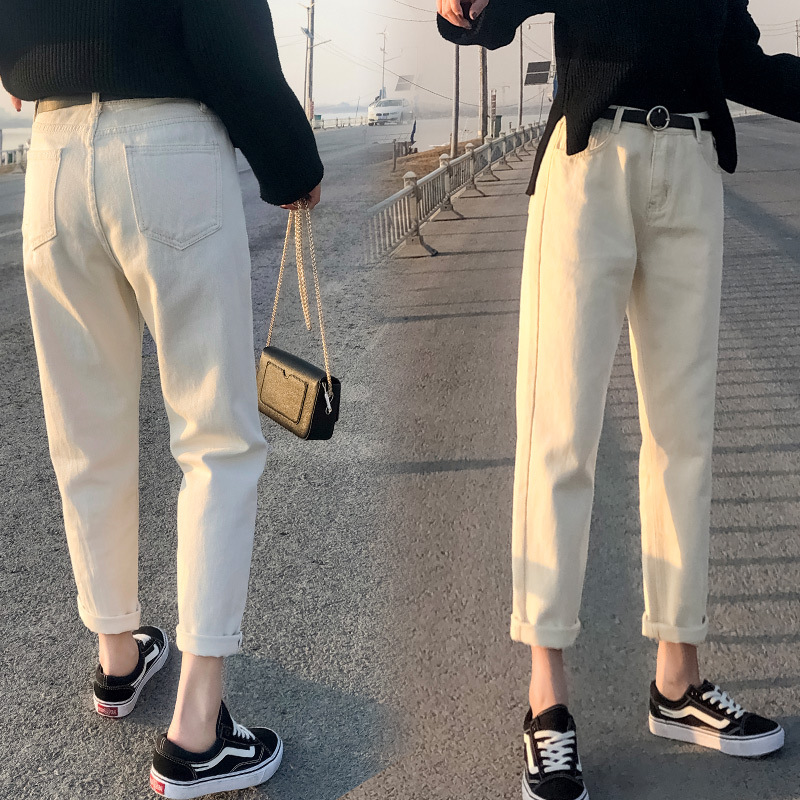 Real Shot Jeans Female Beige Spring and Autumn New Elastic Waist Harem Pants Baggy Pants Loose Dad Jeans plus Size Real Shot Jeans Female Beige Spring and Autumn New Elastic Waist Harem Pants Baggy Pants Loose Dad Jeans plus Size