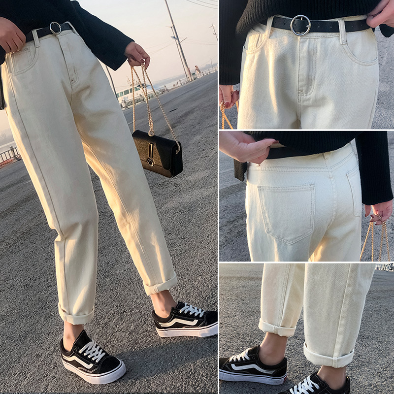 Real Shot Jeans Female Beige Spring and Autumn New Elastic Waist Harem Pants Baggy Pants Loose Dad Jeans plus Size Real Shot Jeans Female Beige Spring and Autumn New Elastic Waist Harem Pants Baggy Pants Loose Dad Jeans plus Size