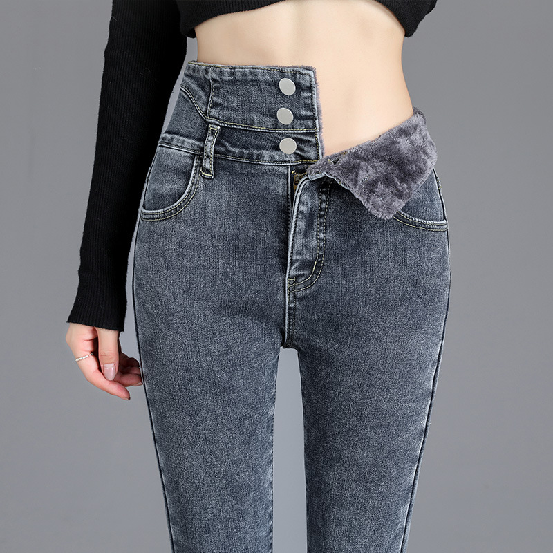 jeans High Waist Velvet Padded Thick Jeans Women&#039;s Winter New Elastic High Show Tight and Warm Feet Pencil Long Pants