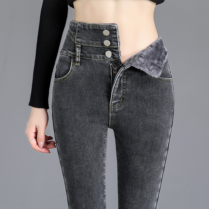 jeans High Waist Velvet Padded Thick Jeans Women&#039;s Winter New Elastic High Show Tight and Warm Feet Pencil Long Pants