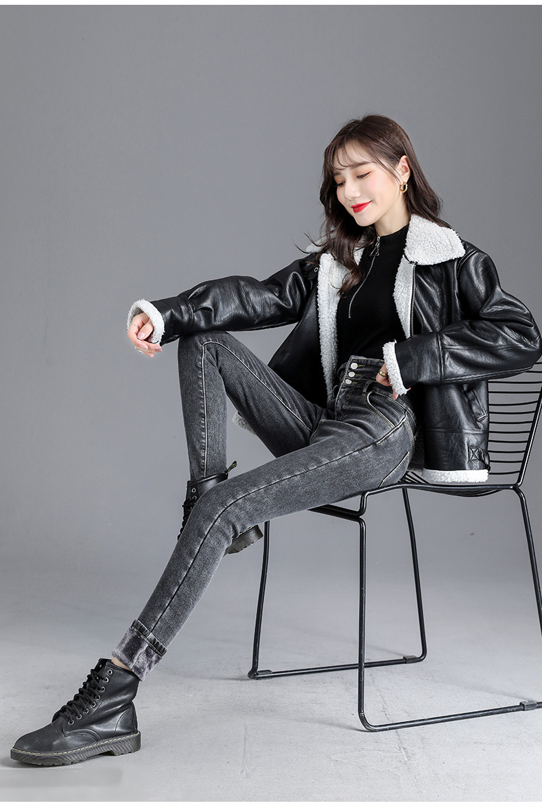 jeans High Waist Velvet Padded Thick Jeans Women's Winter New Elastic High Show Tight and Warm Feet Pencil Long Pants