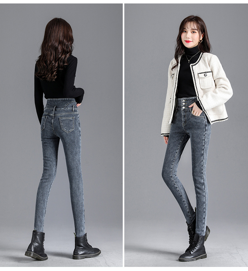 jeans High Waist Velvet Padded Thick Jeans Women's Winter New Elastic High Show Tight and Warm Feet Pencil Long Pants