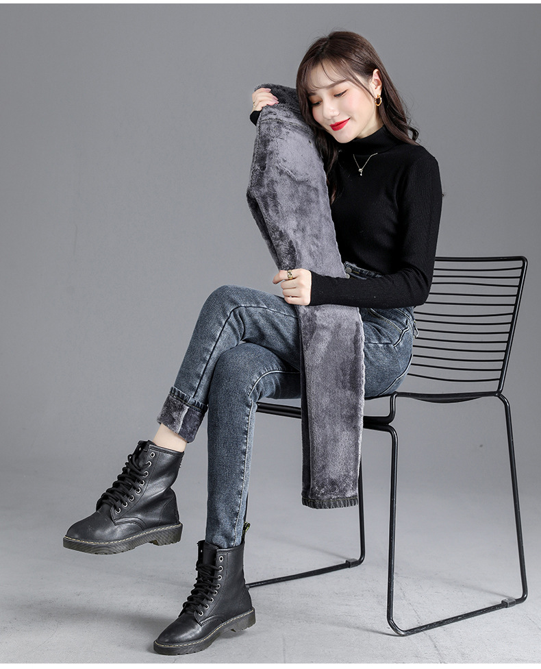 jeans High Waist Velvet Padded Thick Jeans Women's Winter New Elastic High Show Tight and Warm Feet Pencil Long Pants