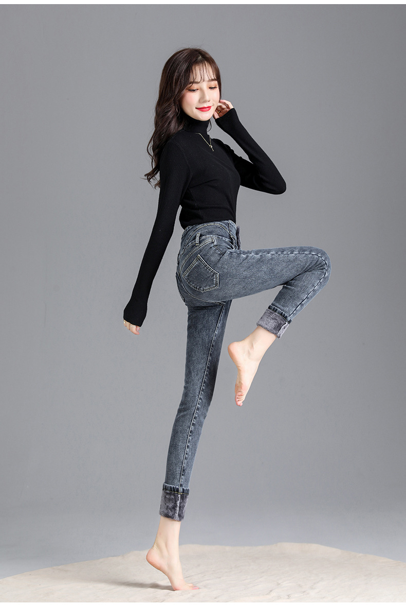 jeans High Waist Velvet Padded Thick Jeans Women's Winter New Elastic High Show Tight and Warm Feet Pencil Long Pants