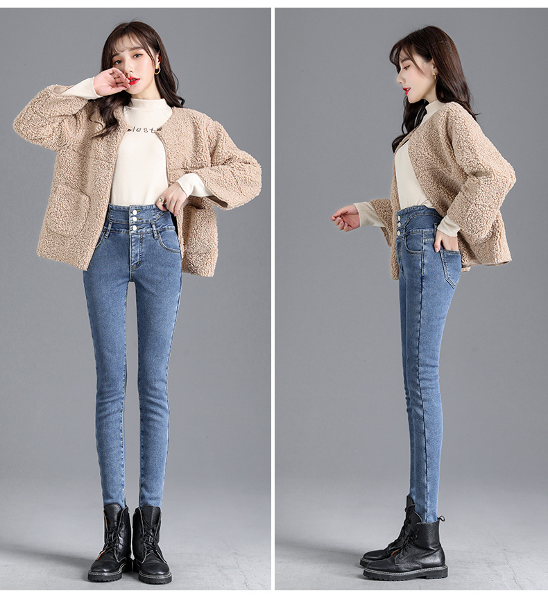 jeans High Waist Velvet Padded Thick Jeans Women's Winter New Elastic High Show Tight and Warm Feet Pencil Long Pants