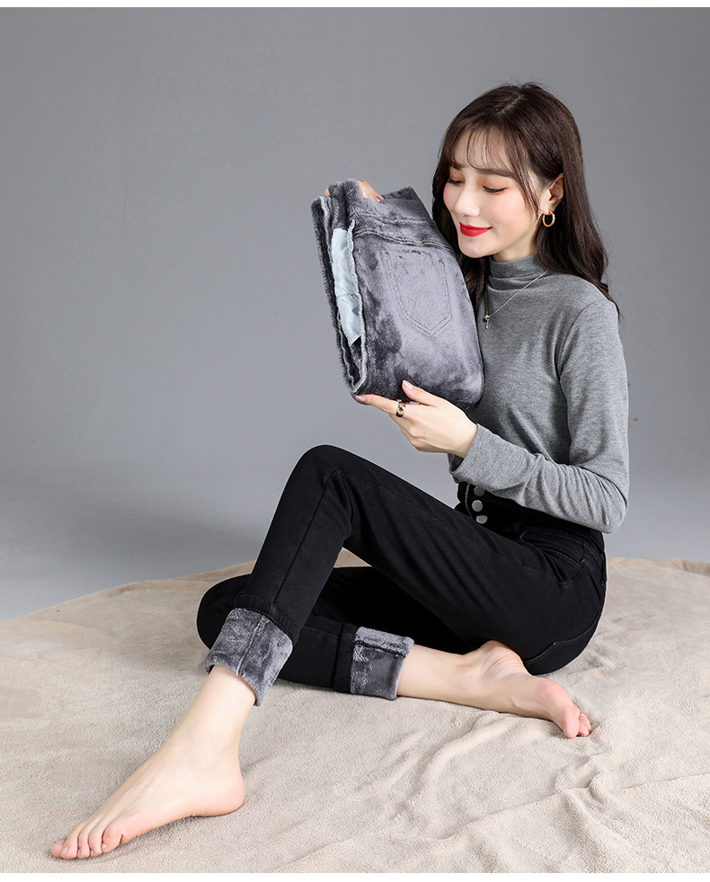 jeans High Waist Velvet Padded Thick Jeans Women's Winter New Elastic High Show Tight and Warm Feet Pencil Long Pants