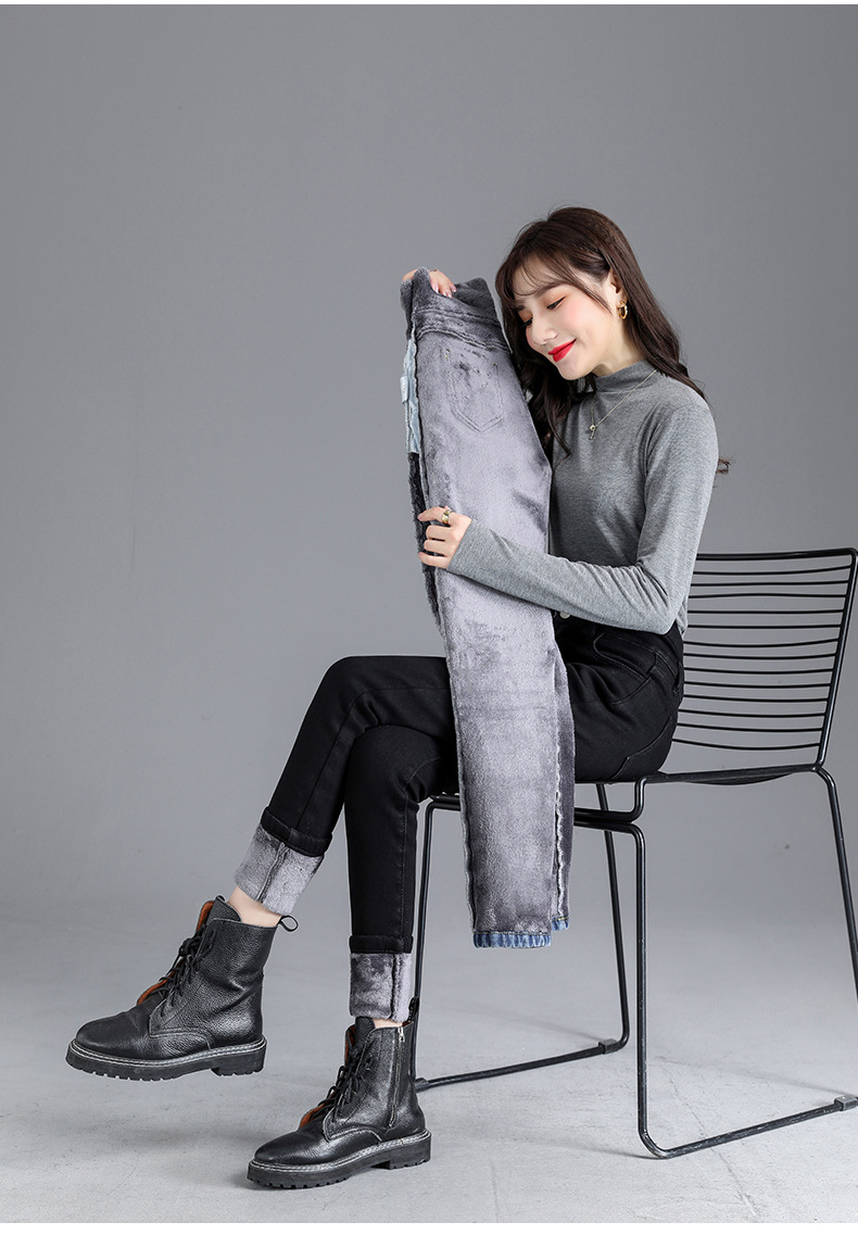 jeans High Waist Velvet Padded Thick Jeans Women's Winter New Elastic High Show Tight and Warm Feet Pencil Long Pants