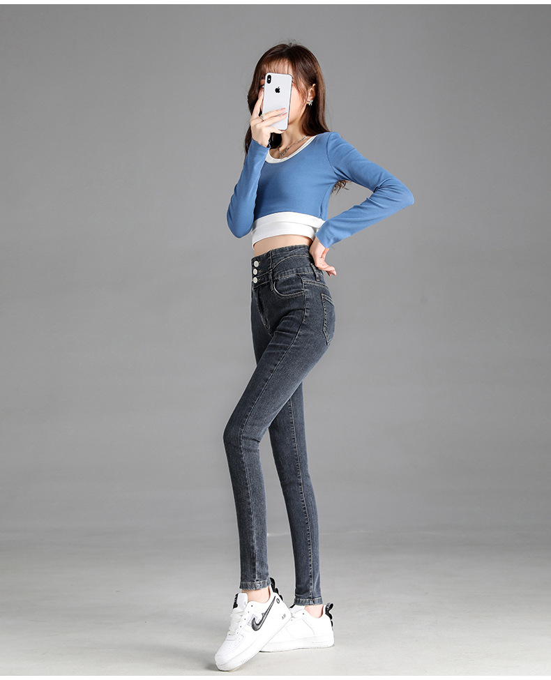 jeans High Waist Velvet Padded Thick Jeans Women's Winter New Elastic High Show Tight and Warm Feet Pencil Long Pants