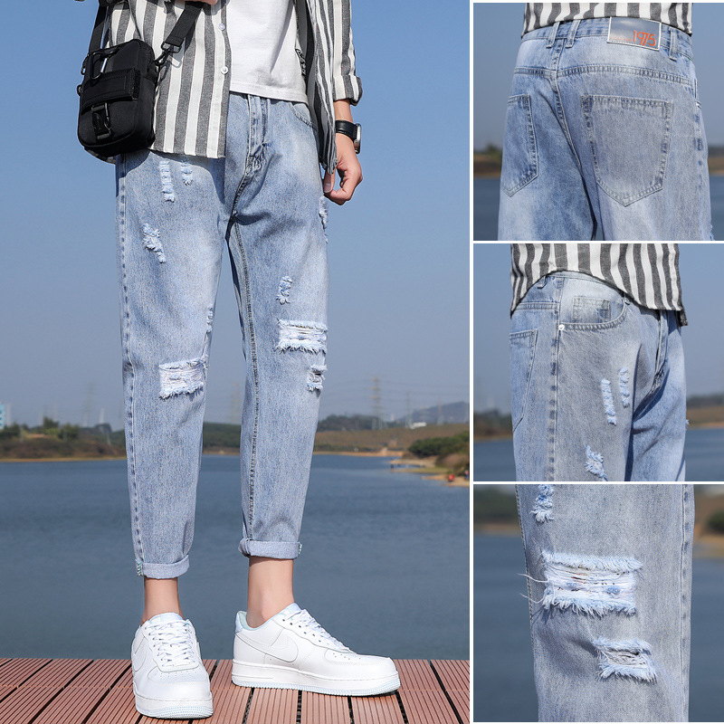 2022 Jeans Men&#039;s Korean Style Casual Men&#039;s Denim (Ankle-Length Pants) Spring and Autumn Trends Light Color Hole Mid-Waist Jeans