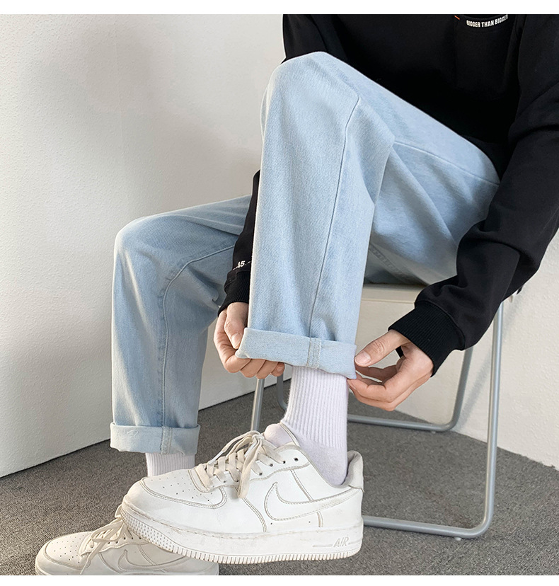 2022 Jeans Men's Korean Style Casual Men's Denim (Ankle-Length Pants) Spring and Autumn Trends Light Color Hole Mid-Waist Jeans