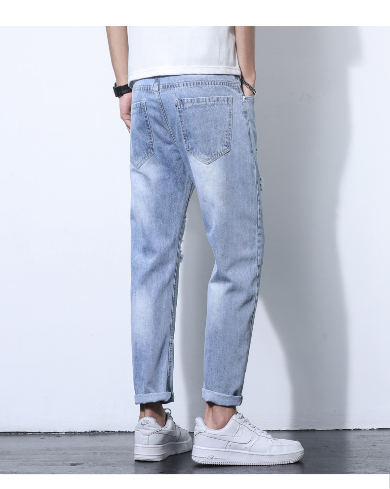 2022 Jeans Men's Korean Style Casual Men's Denim (Ankle-Length Pants) Spring and Autumn Trends Light Color Hole Mid-Waist Jeans