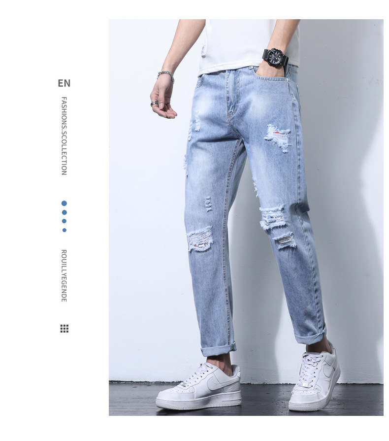 2022 Jeans Men's Korean Style Casual Men's Denim (Ankle-Length Pants) Spring and Autumn Trends Light Color Hole Mid-Waist Jeans