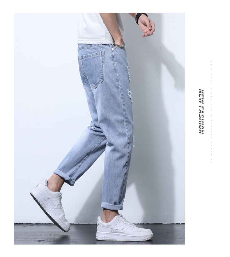 2022 Jeans Men's Korean Style Casual Men's Denim (Ankle-Length Pants) Spring and Autumn Trends Light Color Hole Mid-Waist Jeans