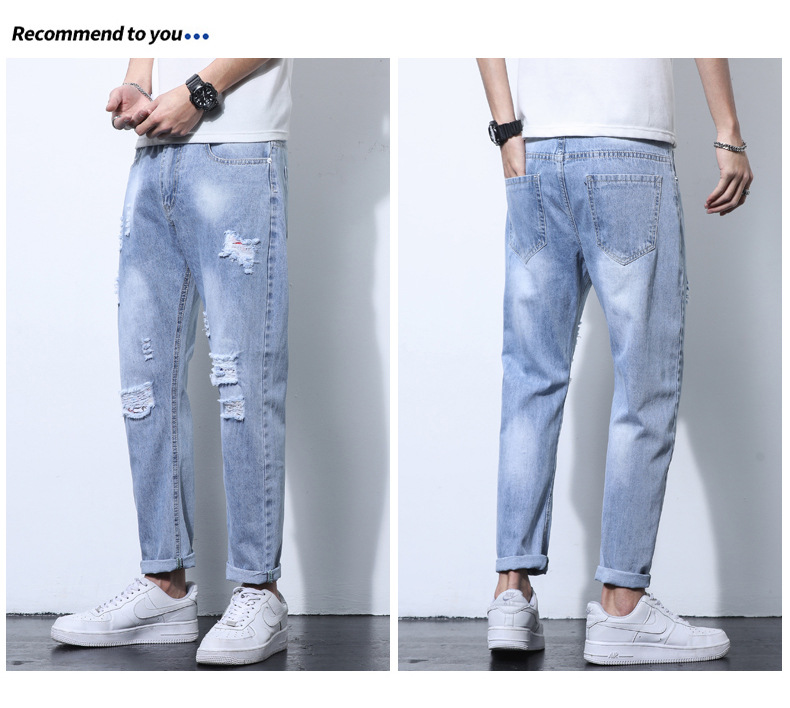 2022 Jeans Men's Korean Style Casual Men's Denim (Ankle-Length Pants) Spring and Autumn Trends Light Color Hole Mid-Waist Jeans