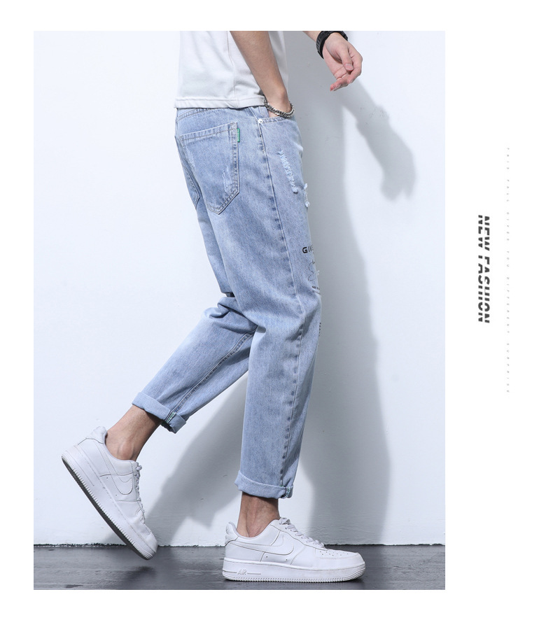 2022 Jeans Men's Korean Style Casual Men's Denim (Ankle-Length Pants) Spring and Autumn Trends Light Color Hole Mid-Waist Jeans
