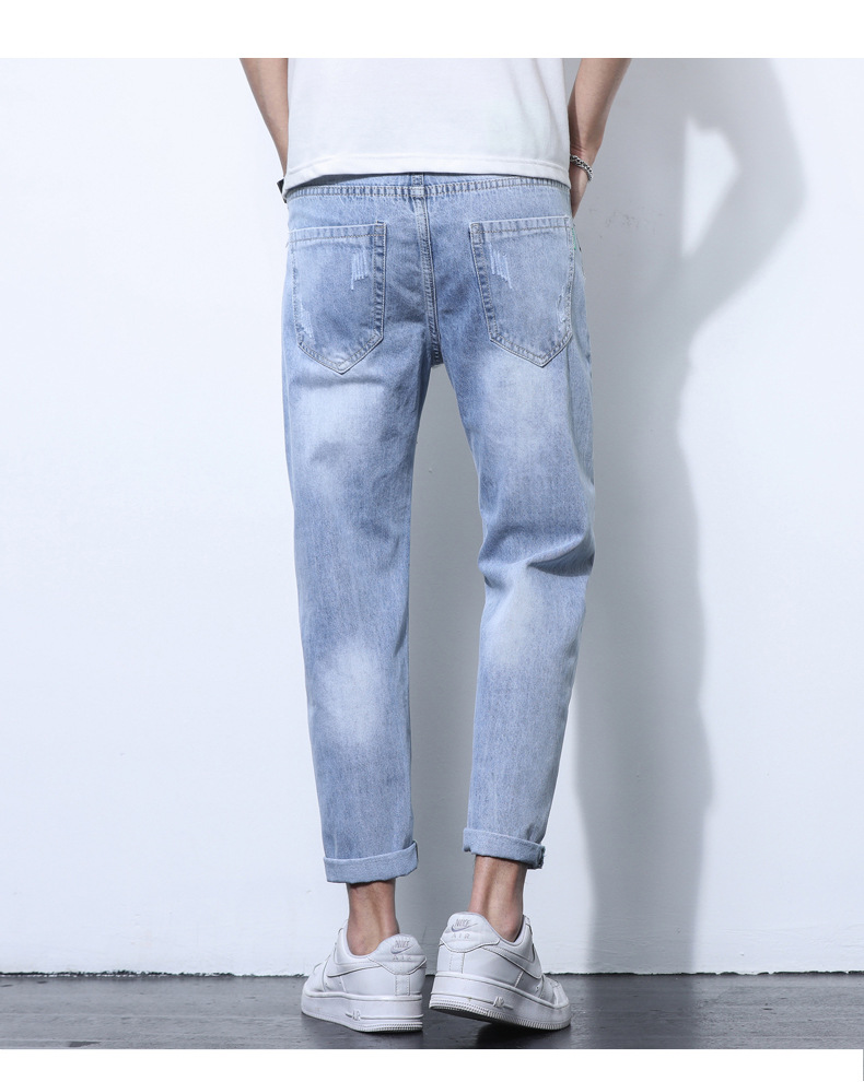 2022 Jeans Men's Korean Style Casual Men's Denim (Ankle-Length Pants) Spring and Autumn Trends Light Color Hole Mid-Waist Jeans