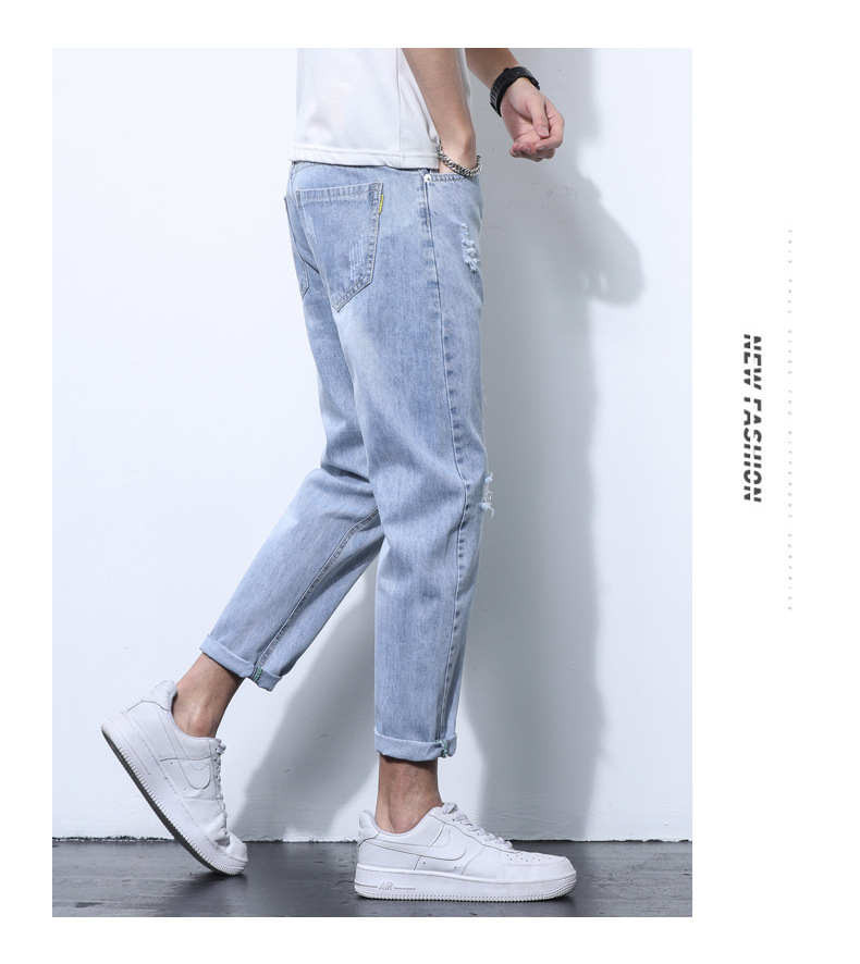 2022 Jeans Men's Korean Style Casual Men's Denim (Ankle-Length Pants) Spring and Autumn Trends Light Color Hole Mid-Waist Jeans