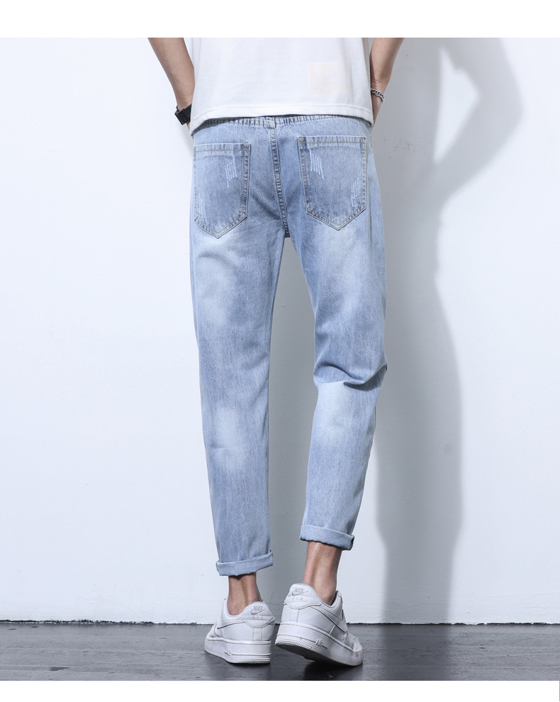 2022 Jeans Men's Korean Style Casual Men's Denim (Ankle-Length Pants) Spring and Autumn Trends Light Color Hole Mid-Waist Jeans