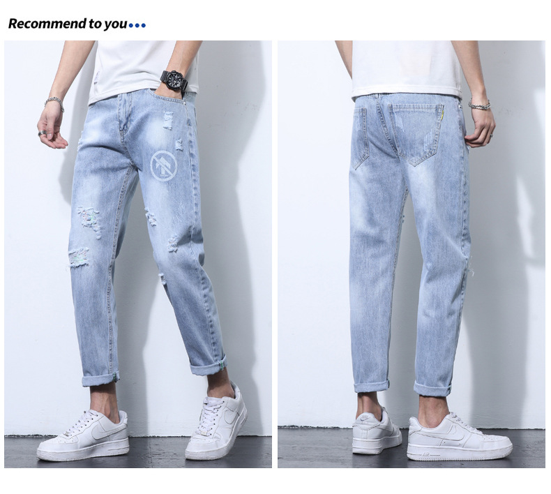 2022 Jeans Men's Korean Style Casual Men's Denim (Ankle-Length Pants) Spring and Autumn Trends Light Color Hole Mid-Waist Jeans