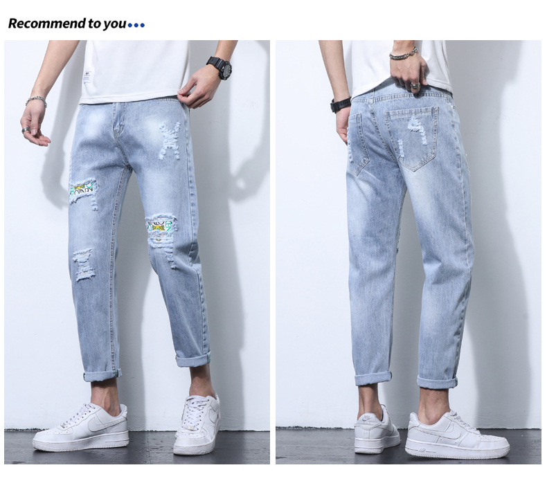 2022 Jeans Men's Korean Style Casual Men's Denim (Ankle-Length Pants) Spring and Autumn Trends Light Color Hole Mid-Waist Jeans