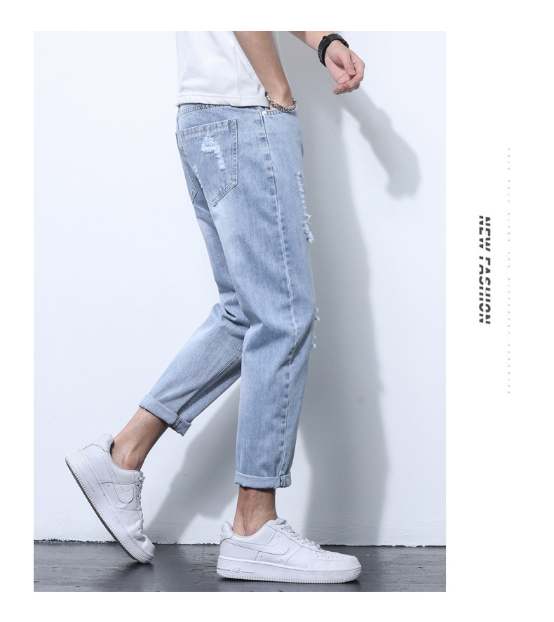 2022 Jeans Men's Korean Style Casual Men's Denim (Ankle-Length Pants) Spring and Autumn Trends Light Color Hole Mid-Waist Jeans
