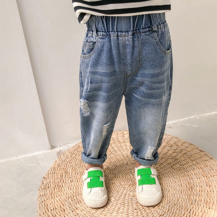 2022 Spring and Autumn New Children&#039;s Korean Style Children&#039;s Clothing Boys and Girls Fashion Pants Western Style Hole with Cat Whisker Jeans