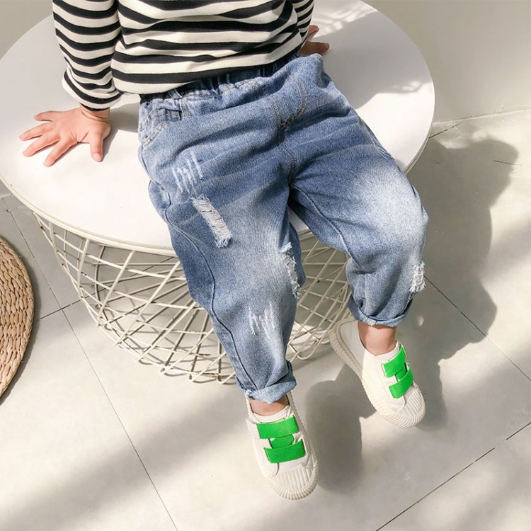 2022 Spring and Autumn New Children&#039;s Korean Style Children&#039;s Clothing Boys and Girls Fashion Pants Western Style Hole with Cat Whisker Jeans