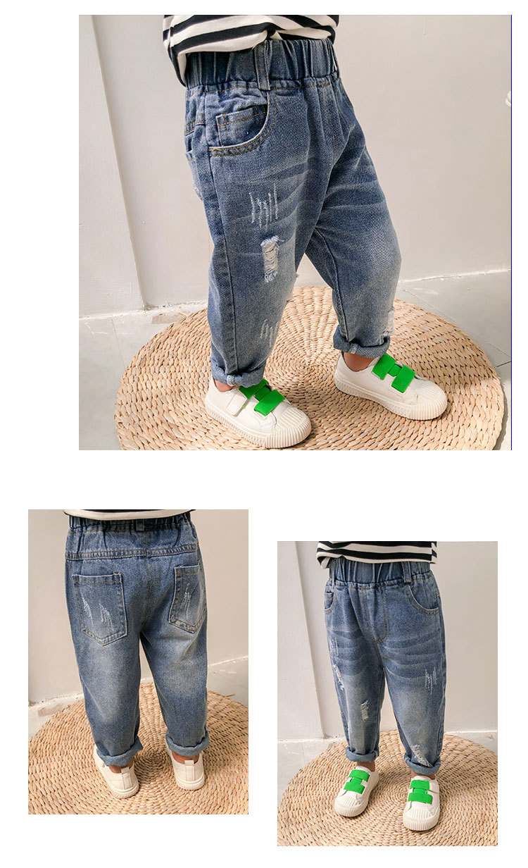 2022 Spring and Autumn New Children's Korean Style Children's Clothing Boys and Girls Fashion Pants Western Style Hole with Cat Whisker Jeans