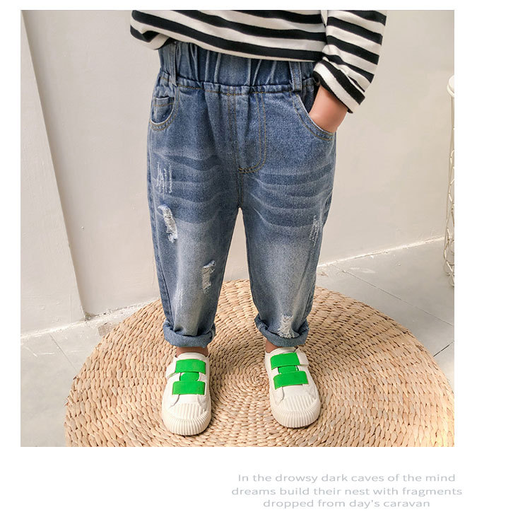 2022 Spring and Autumn New Children's Korean Style Children's Clothing Boys and Girls Fashion Pants Western Style Hole with Cat Whisker Jeans