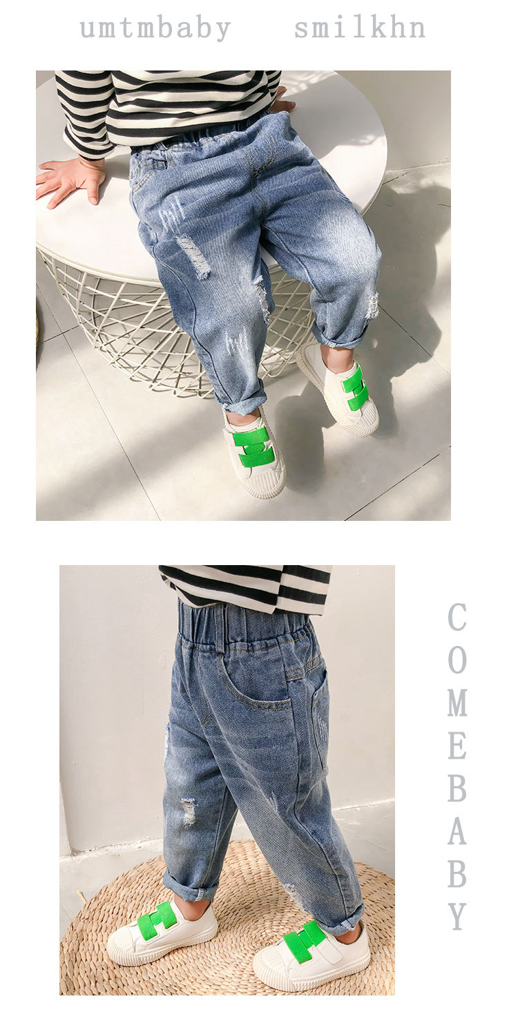 2022 Spring and Autumn New Children's Korean Style Children's Clothing Boys and Girls Fashion Pants Western Style Hole with Cat Whisker Jeans