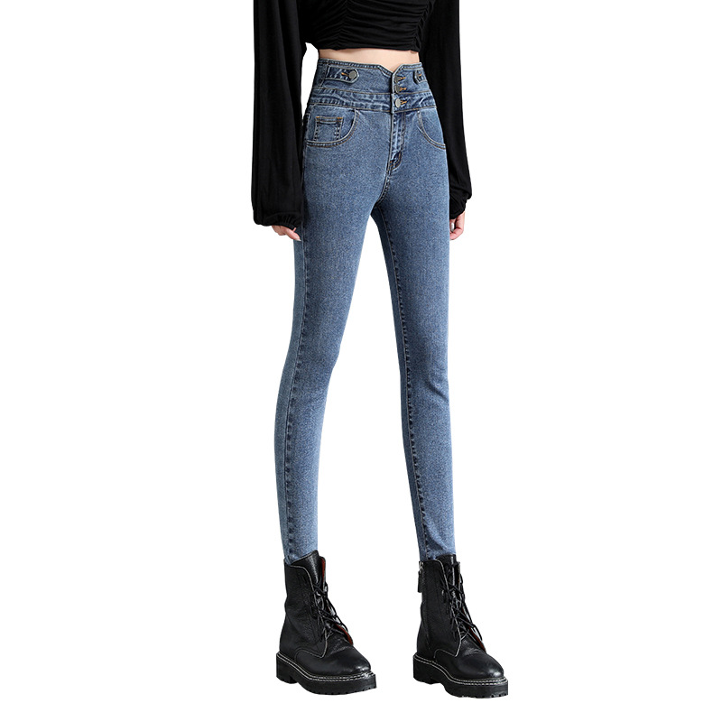 Fleece Padded Jeans Women&#039;s Autumn and Winter New High Waist Elastic Slim Fit Thickened Hip Lifting Breasted Skinny Tappered Pants
