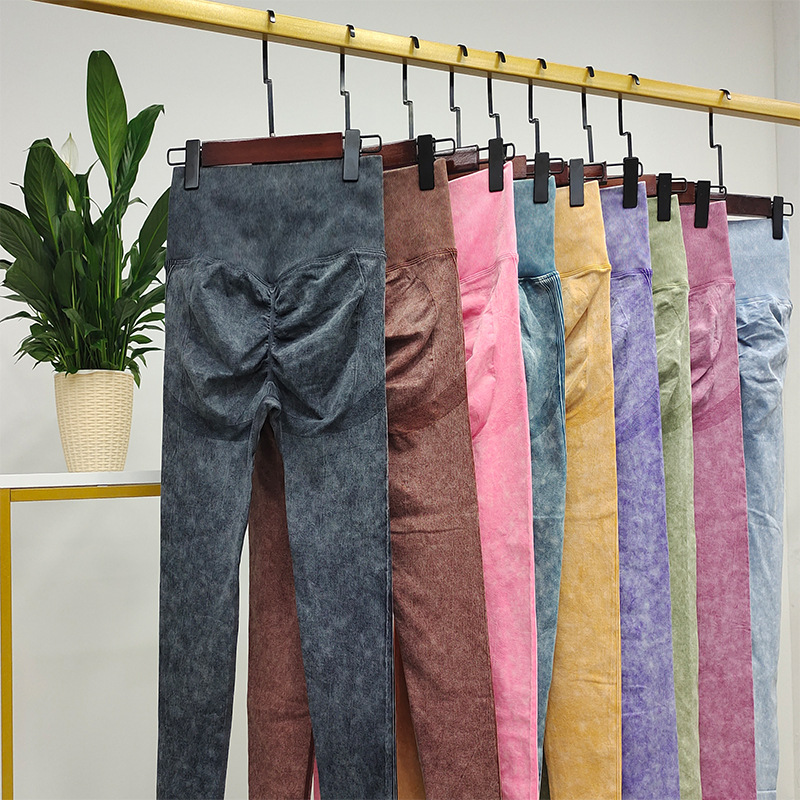 Hip Lifting Retro Washed Yoga Pants Women&#039;s Seamless Peach Hip Jeans Fitness Pants Tight Stretch Sports Trousers