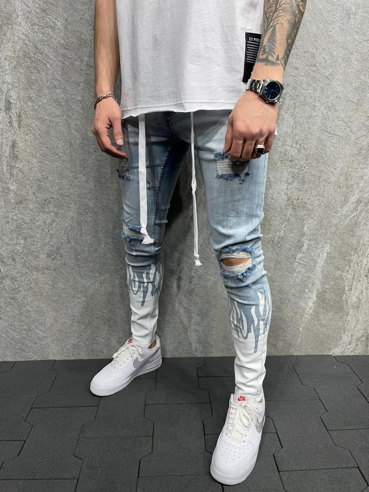 New European and American Men&#039;s Slim Ripped Ankle-Tied Jeans Printed Flame Fashion Personality Denim Lace Jeans