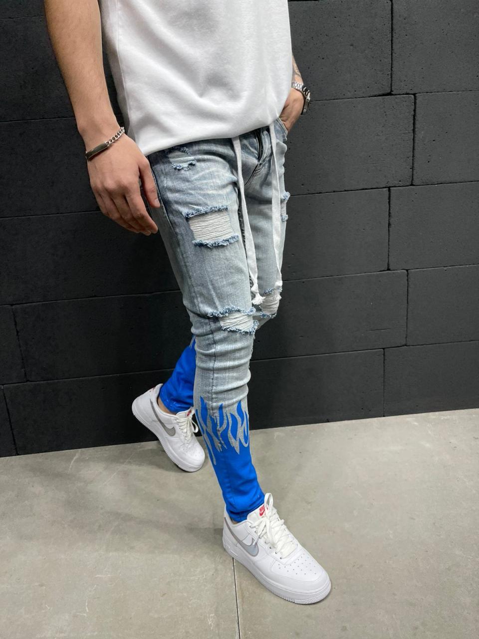 New European and American Men's Slim Ripped Ankle-Tied Jeans Printed Flame Fashion Personality Denim Lace Jeans