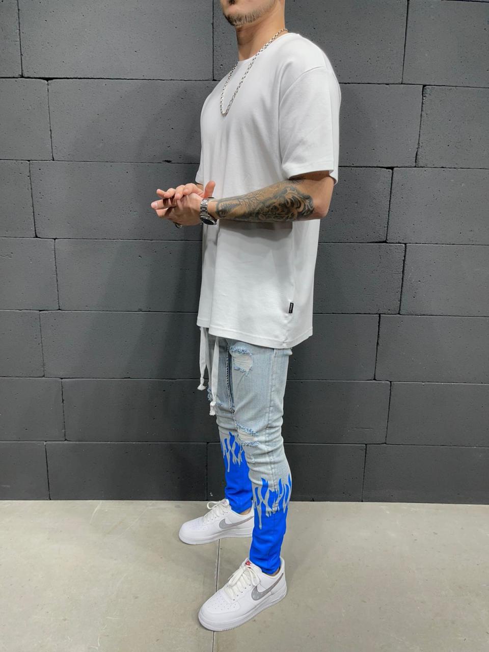 New European and American Men's Slim Ripped Ankle-Tied Jeans Printed Flame Fashion Personality Denim Lace Jeans