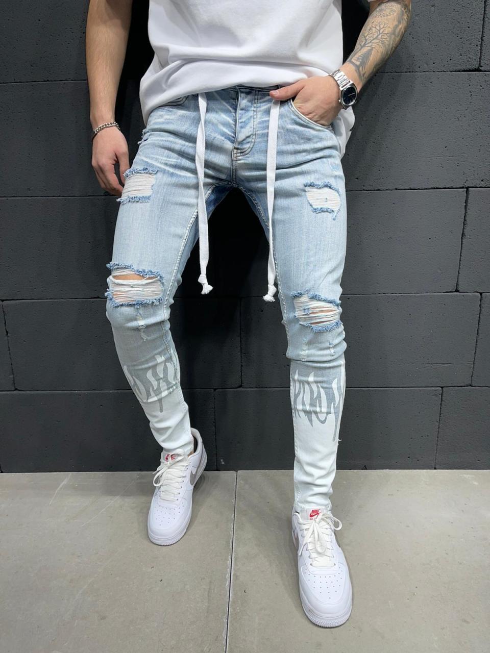 New European and American Men's Slim Ripped Ankle-Tied Jeans Printed Flame Fashion Personality Denim Lace Jeans