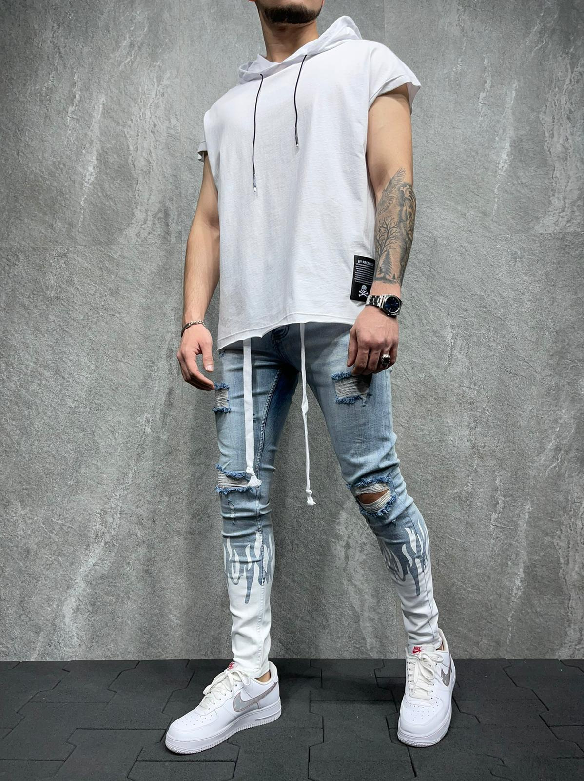 New European and American Men's Slim Ripped Ankle-Tied Jeans Printed Flame Fashion Personality Denim Lace Jeans