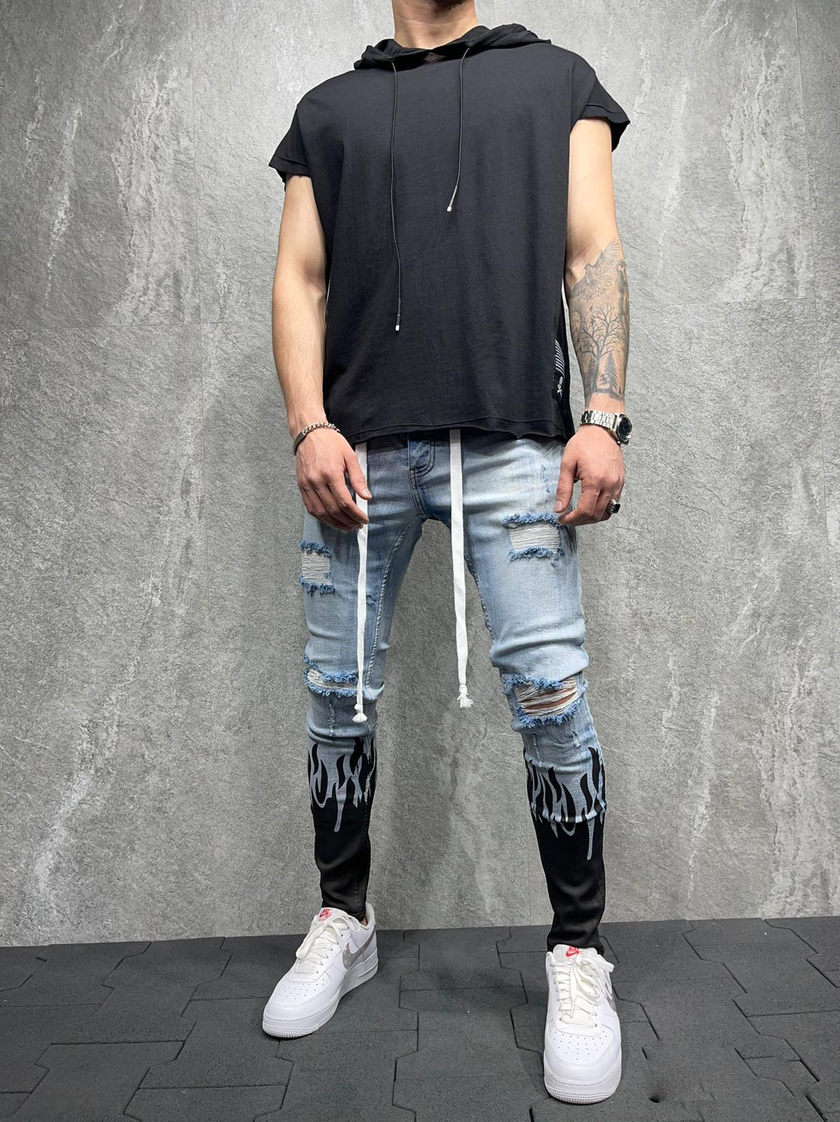 New European and American Men's Slim Ripped Ankle-Tied Jeans Printed Flame Fashion Personality Denim Lace Jeans