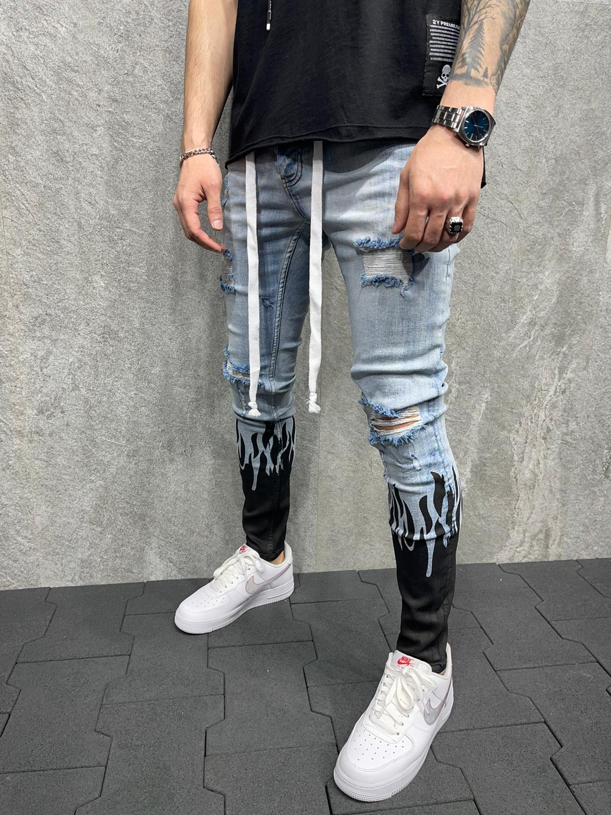 New European and American Men's Slim Ripped Ankle-Tied Jeans Printed Flame Fashion Personality Denim Lace Jeans