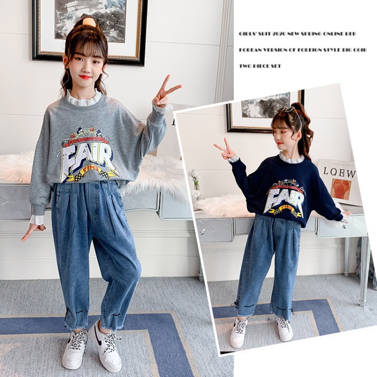 Girls&#039; Spring and Autumn Clothing Sweater Suit 2021 New Korean Style Western Style Medium and Big Children Jeans Girl Stylish Two-Piece Suit