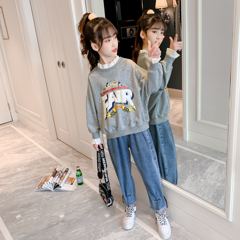 Girls&#039; Spring and Autumn Clothing Sweater Suit 2021 New Korean Style Western Style Medium and Big Children Jeans Girl Stylish Two-Piece Suit
