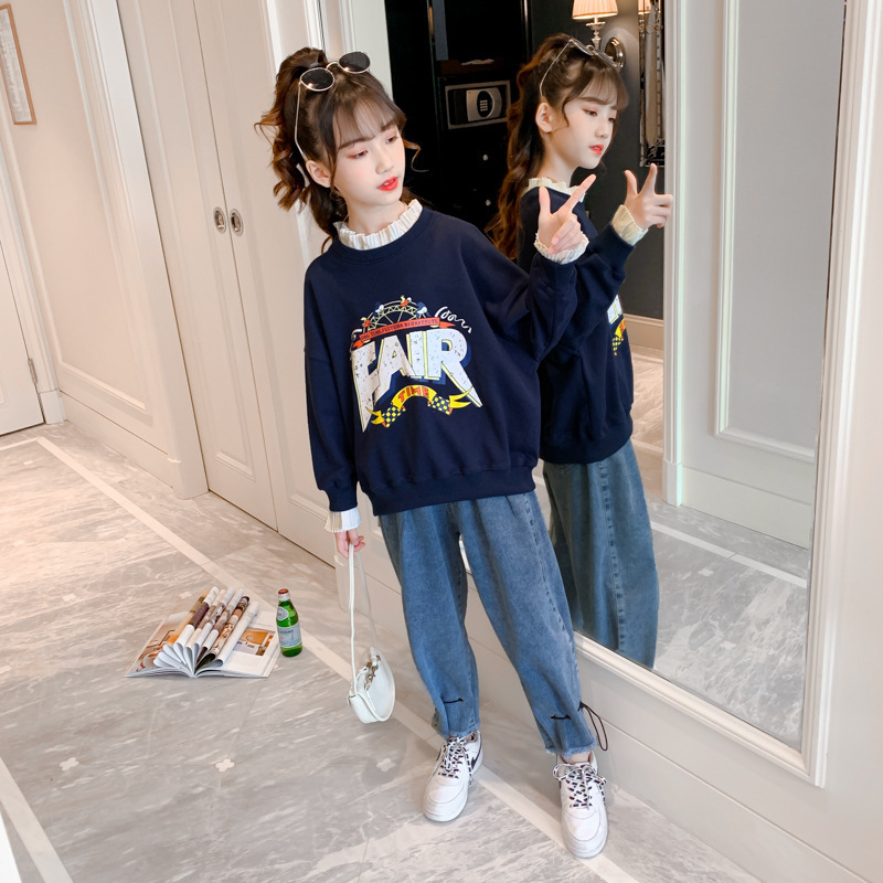 Girls&#039; Spring and Autumn Clothing Sweater Suit 2021 New Korean Style Western Style Medium and Big Children Jeans Girl Stylish Two-Piece Suit