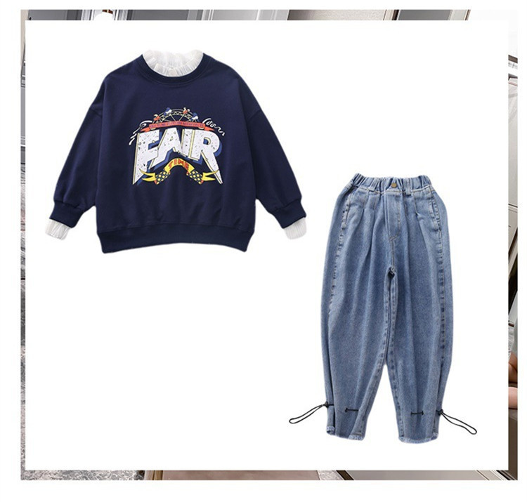Girls' Spring and Autumn Clothing Sweater Suit 2021 New Korean Style Western Style Medium and Big Children Jeans Girl Stylish Two-Piece Suit Girls' Spring and Autumn Clothing Sweater Suit 2021 New Korean Style Western Style Medium and Big Children Jeans Girl Stylish Two-Piece Suit