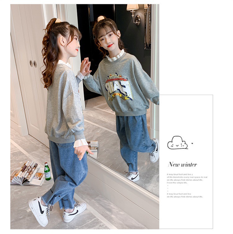 Girls' Spring and Autumn Clothing Sweater Suit 2021 New Korean Style Western Style Medium and Big Children Jeans Girl Stylish Two-Piece Suit Girls' Spring and Autumn Clothing Sweater Suit 2021 New Korean Style Western Style Medium and Big Children Jeans Girl Stylish Two-Piece Suit