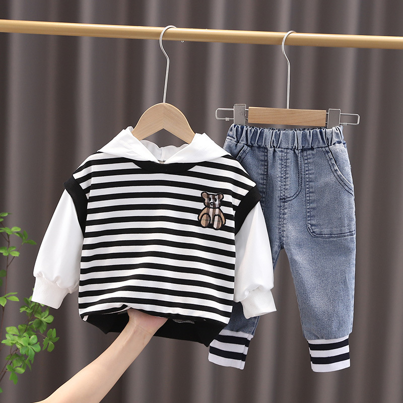1-3 Years Old Boys Autumn Clothing Suit Baby Striped Sweater Fake Two Pieces Autumn Fashionable Children Ankle-Tied Jeans