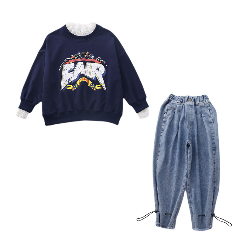 Girls&#039; Spring and Autumn Clothing Sweater Suit 2021 New Korean Style Western Style Medium and Big Children Jeans Girl Stylish Two-Piece Suit