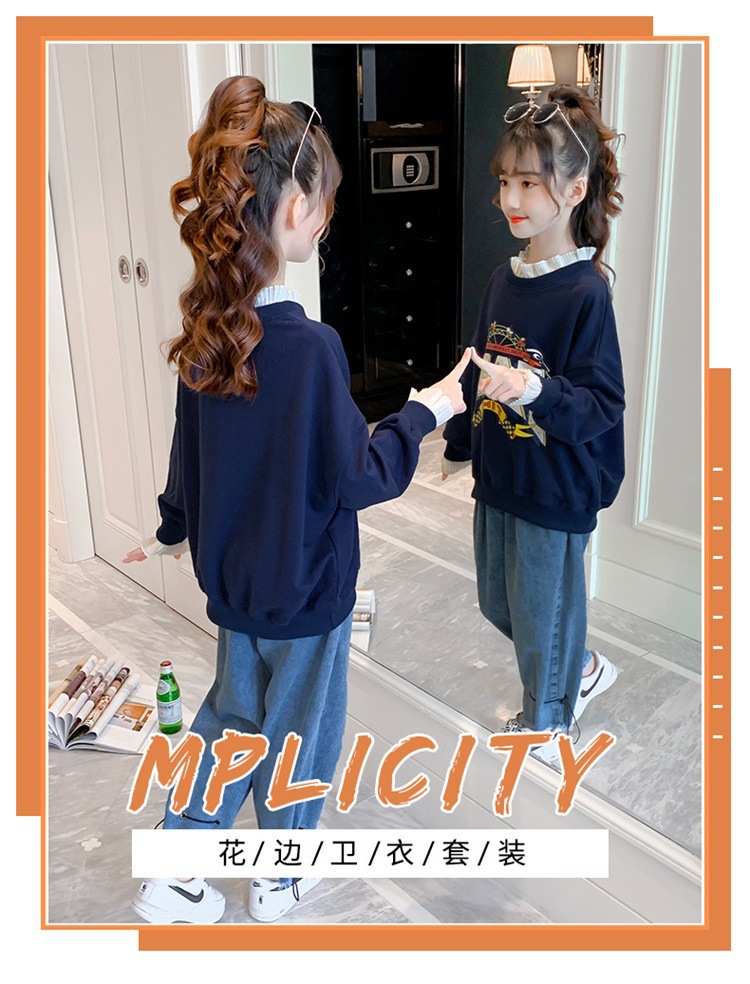 Girls' Spring and Autumn Clothing Sweater Suit 2021 New Korean Style Western Style Medium and Big Children Jeans Girl Stylish Two-Piece Suit